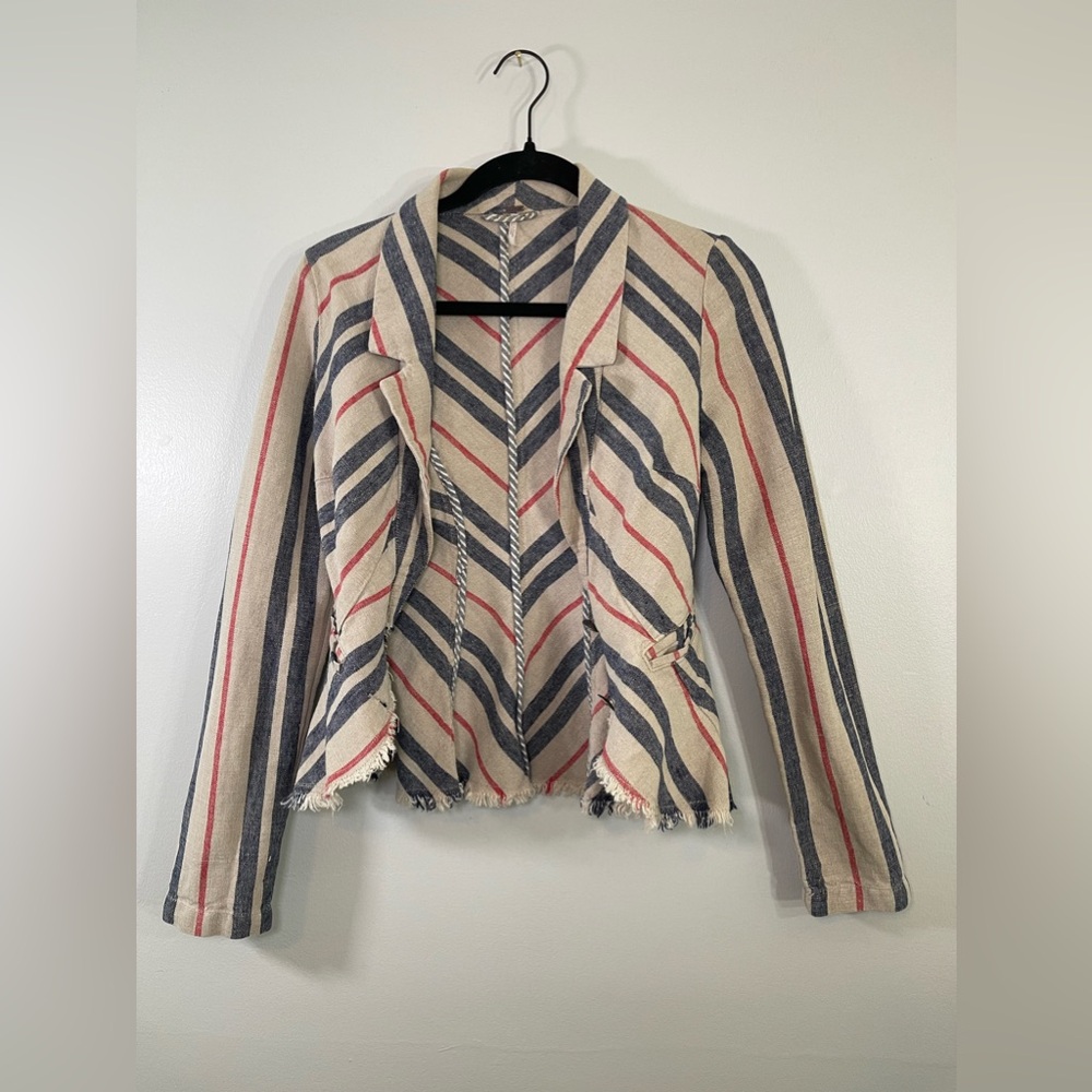 Free people Tan Stripped Linen blazer Raw Edge size 2